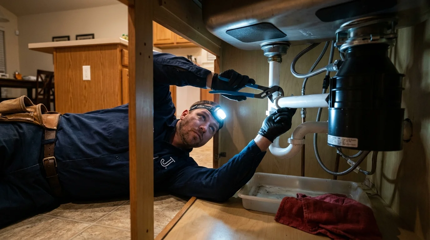 P-trap and supply line connections under a kitchen sink showing a common leak point in Bridgeport, WA